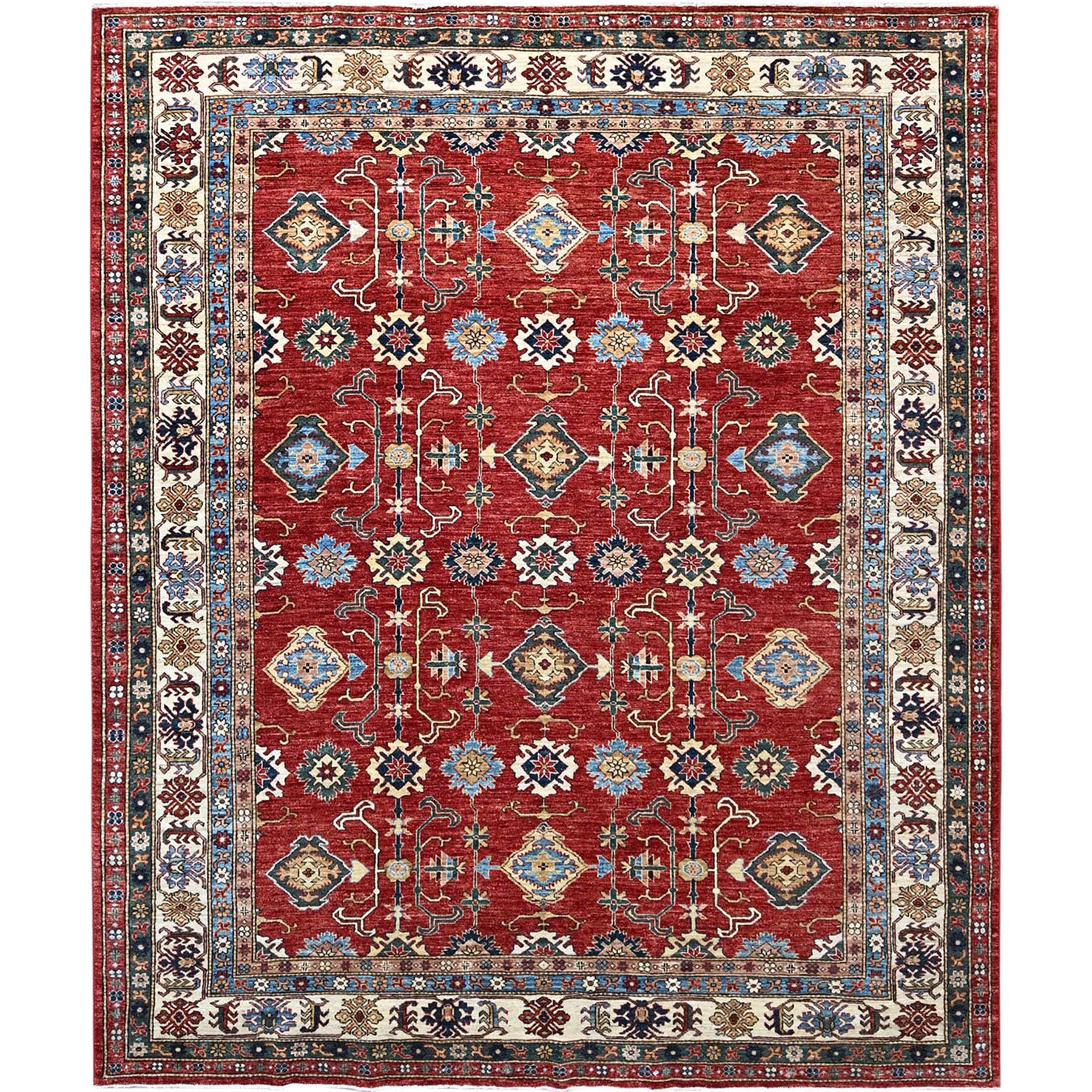 Exotic Red, Natural Dyes Afghan Super Kazak with Geometric Medallions Design, Hand Knotted 100% Wool, Denser Weave, Oriental Rug